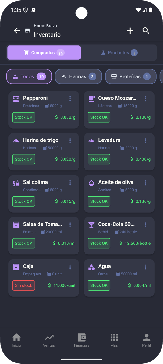 Pantalla de inventario de Ambulante Bravo con insumos, existencias y costo por unidad